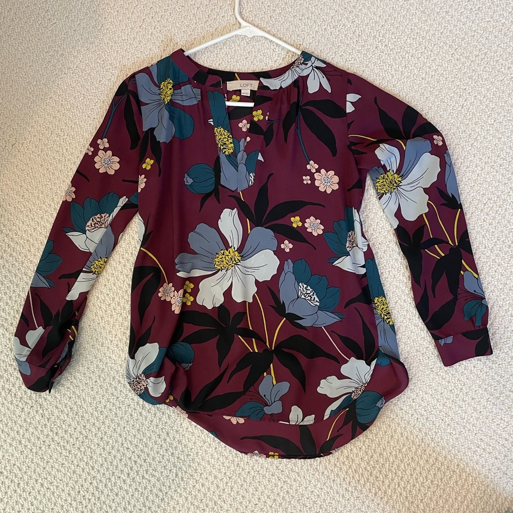 LOFT Burgundy Floral Blouse